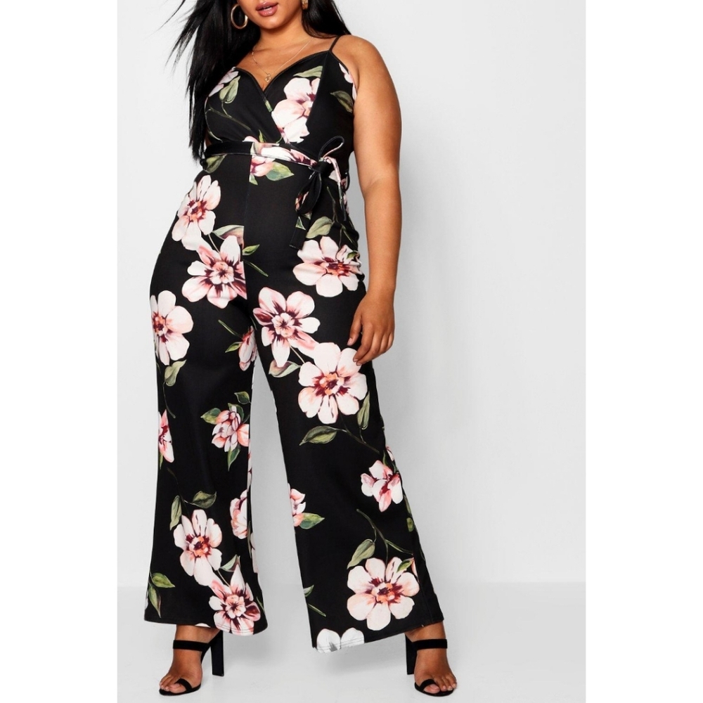 Plus Daisy Floral Plunge Scuba Wrap Jumpsuit by BooHoo